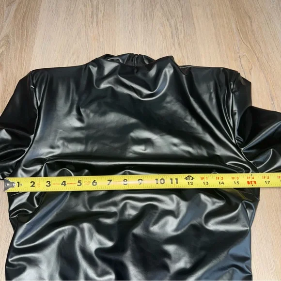 Black Faux Leather Mock Neck Long Sleeve Long Dress with Ruching & Slit - Large - Picture 4 of 7